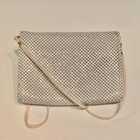 Vintage Whiting and Davis White Metal Mesh Cross Body Shoulder Bag Leather Strap - Picture 6 of 15